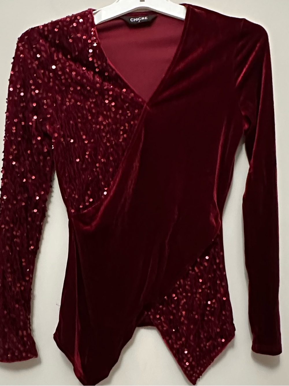 ChicMe Burgundy Velvet Sequin Splicing Wrap Top Size S Holiday Party
